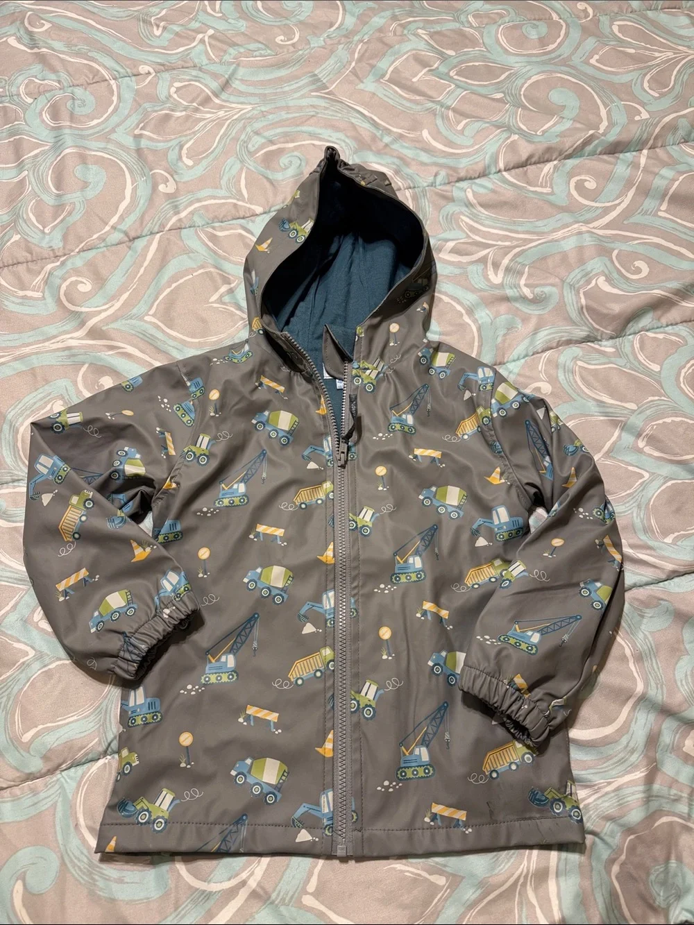 Kids Gray Construction Print Raincoat with Hood
